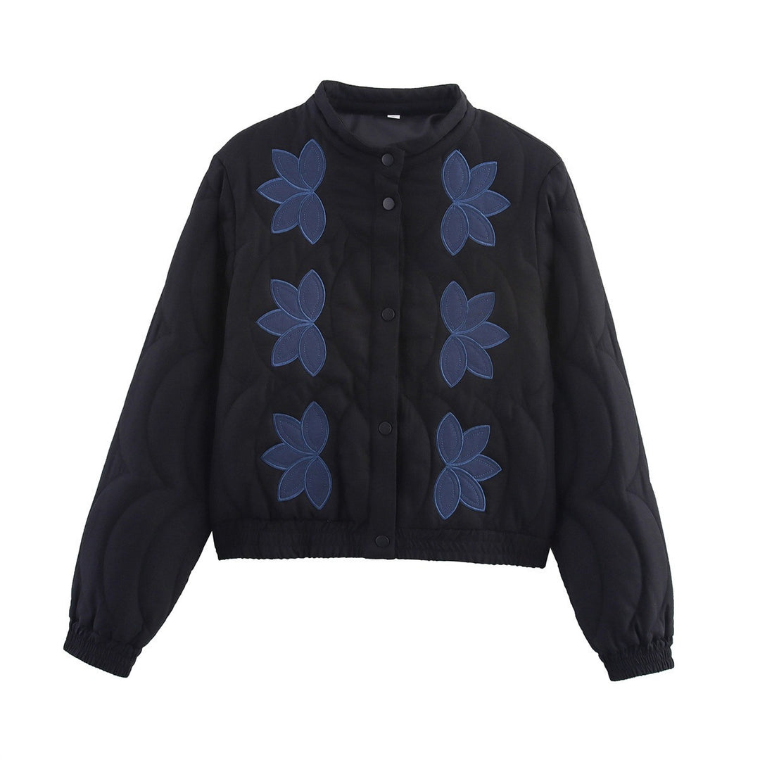 Damen Kurz geschnittene gesteppte Jacke mit Blumenapplikation und Stehkragen Drune