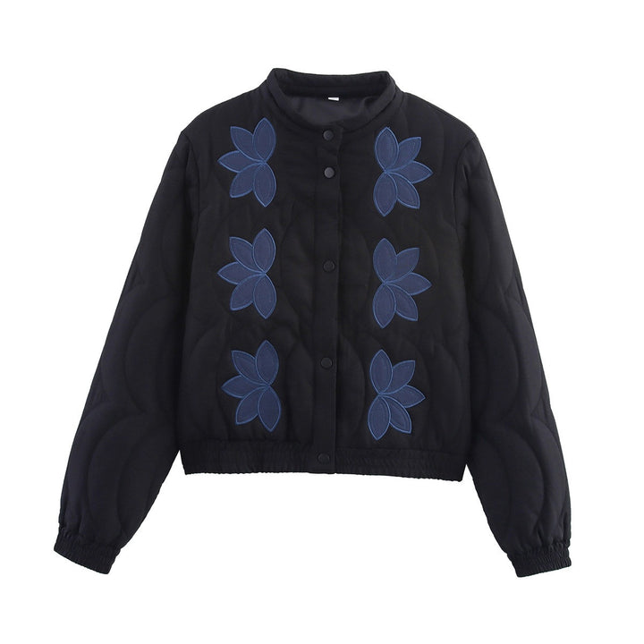 Damen Kurz geschnittene gesteppte Jacke mit Blumenapplikation und Stehkragen Drune
