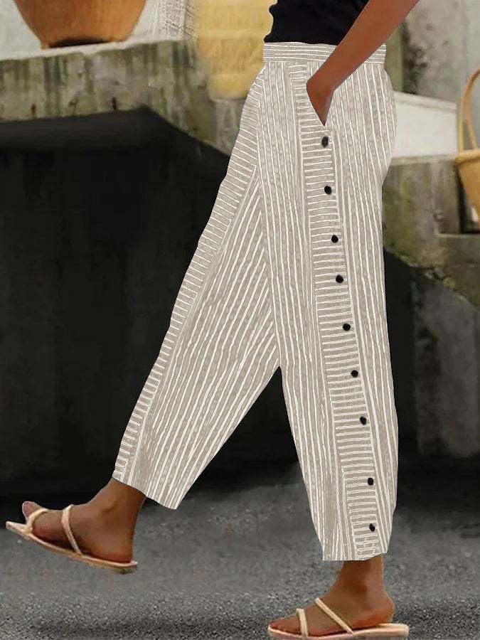 Damenweite Culotte-Hosen mit Paperbag-Taille, Knopfleiste und Seitentaschen Drune