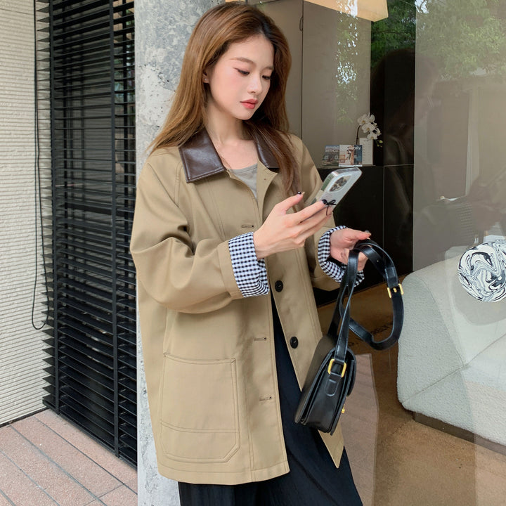 Damen Leichte Oversize-Übergangsjacke mit Kontrastkragen und kariertem Ärmelsaum Drune