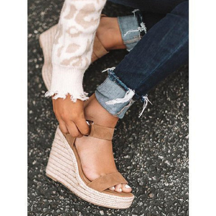 Damen Espadrille-Keilabsatz Sandaletten mit geflochtenem Plateau und verstellbarem Schnallenriemen Drune