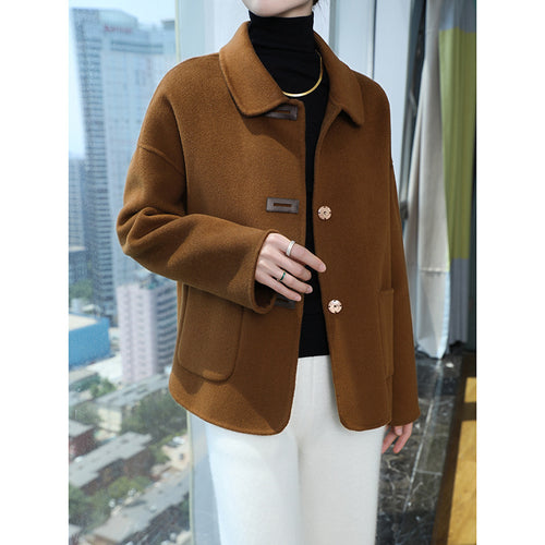 Damen Kurzmantel aus Wollmix mit Hemdkragen, kastiger Silhouette und Eingrifftaschen Drune