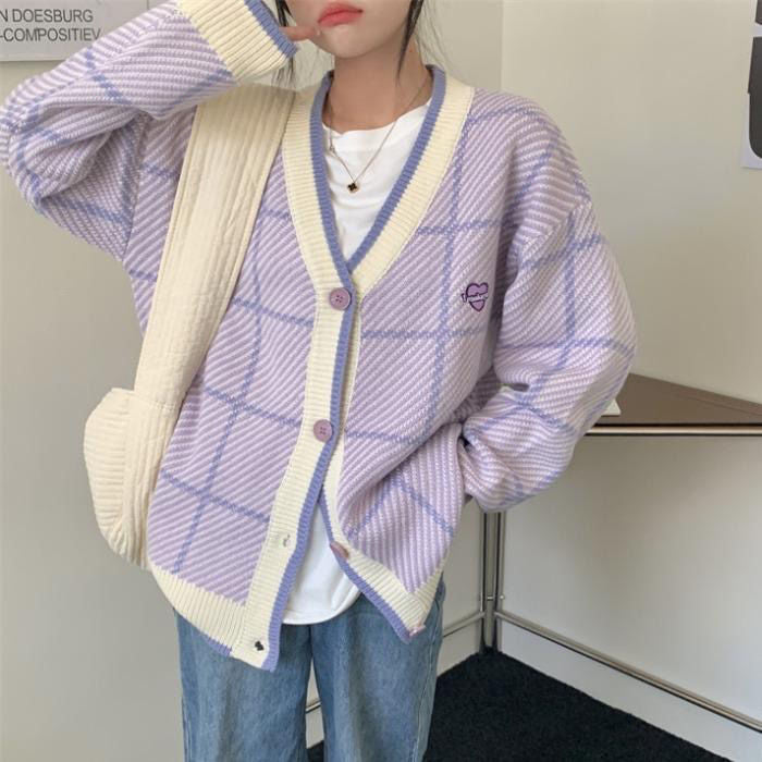 Damen lässige Strickjacke mit karierter Textur Drune