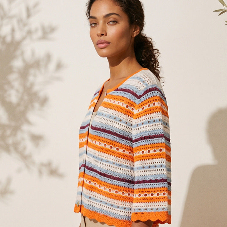 Damen gehäkelte Kurzjacke mit Muschelsaum, 3/4-Ärmeln & feinem Lochmuster Drune