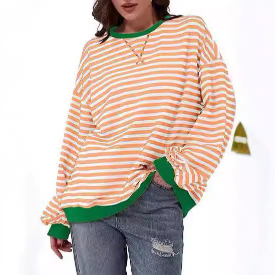 Damen Gestreifter Oversize Pullover mit Kontrastbündchen Drune