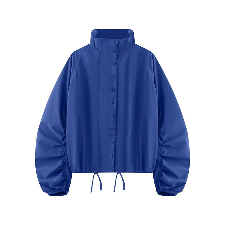 Damen Übergangsjacke mit weitem Ballonärmeln, Stehkragen und Tunnelzug Drune