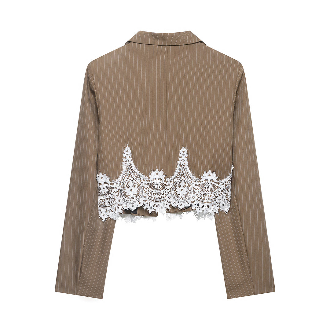 Damen Cropped Nadelstreifen-Blazer mit Spitzenbesatz und taillierter Silhouette Drune