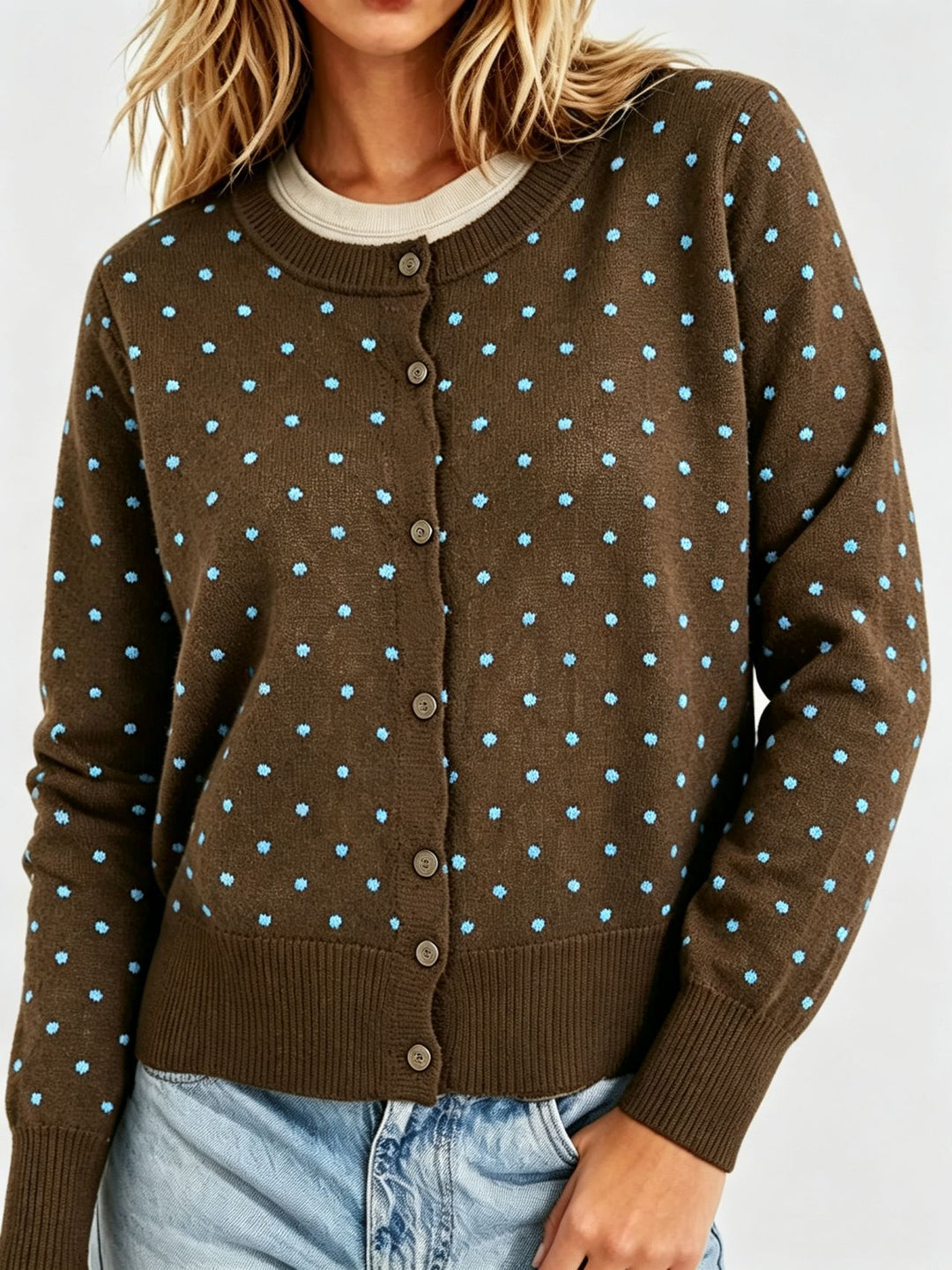 Damen Gepunktete Feinstrick-Cardigan mit Rundhals und Rippbündchen Drune