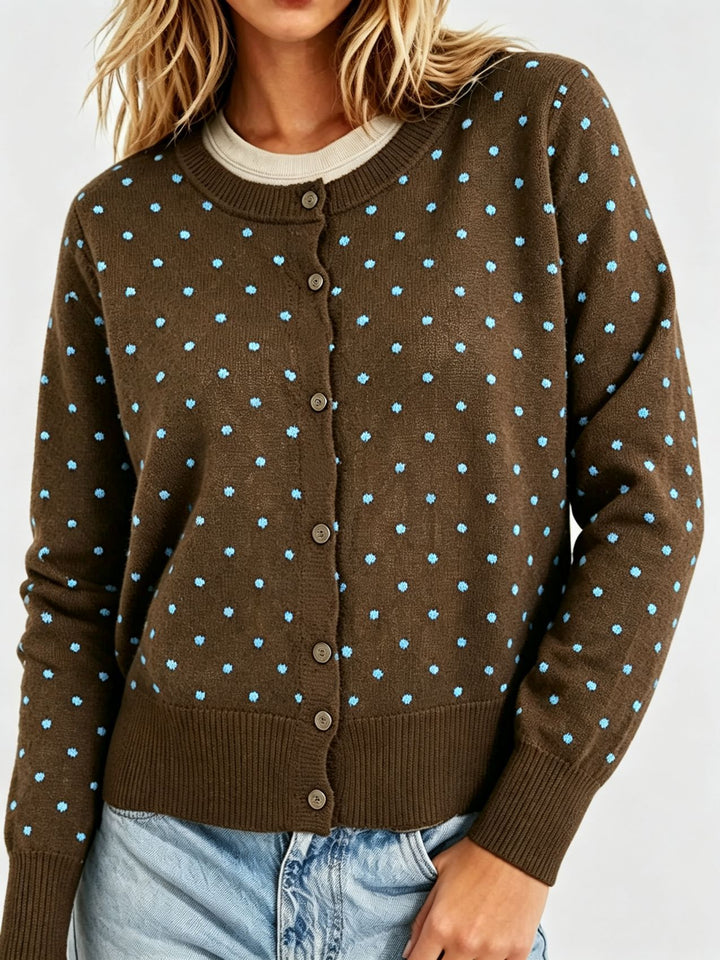 Damen Gepunktete Feinstrick-Cardigan mit Rundhals und Rippbündchen Drune