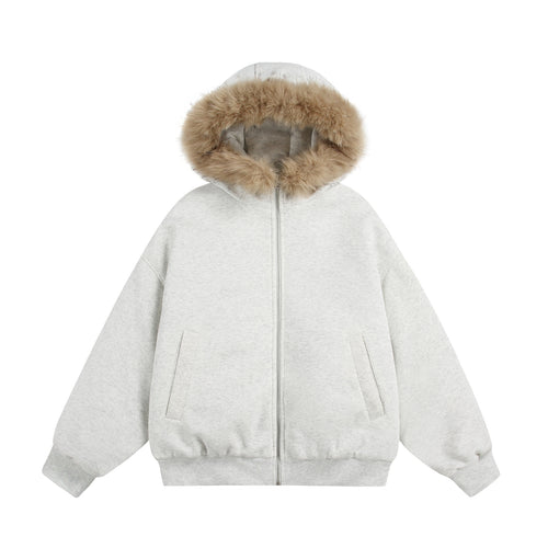 Damen Kurzboxy Kapuzenblouson aus French‑Terry mit voluminöser Kunstfellkante Drune