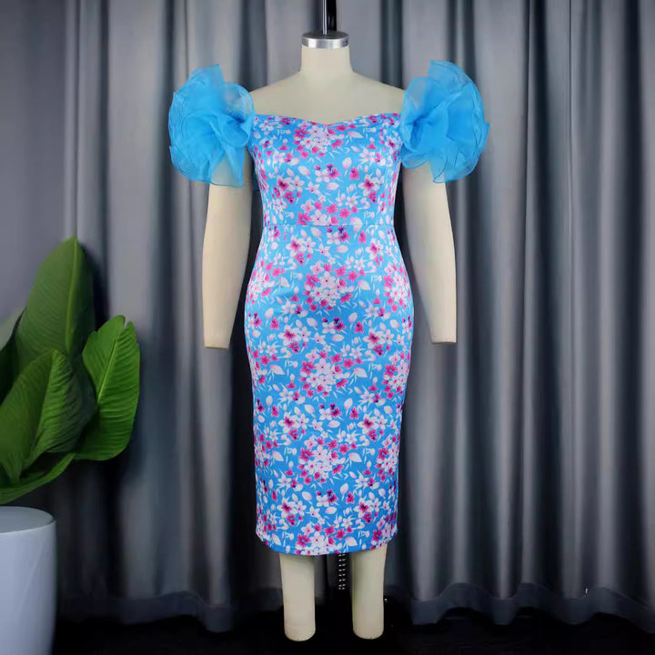 Damen Elegantes Kleid mit floralen Applikationen und transparenten Puffärmeln Drune