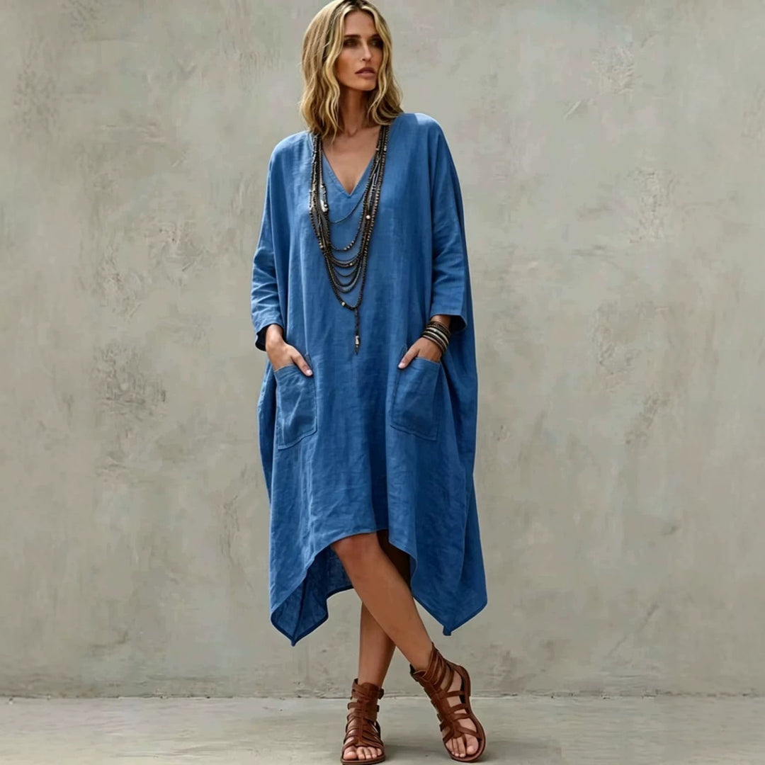 Damen nan Oversize Kaftankleid mit V-Ausschnitt, Eingrifftaschen und asymmetrischem Saum Drune