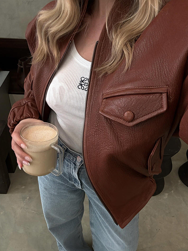 Damen Modische Kunstlederjacke mit einzigartigen Taschen und elastischen Rippabschlüssen Drune