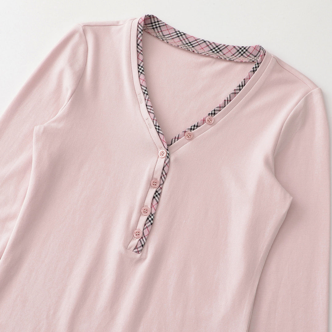 Damen Langarmshirt mit V-Ausschnitt, Knopfleiste und Karobesatz Drune
