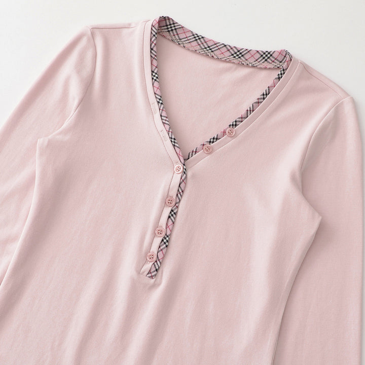 Damen Langarmshirt mit V-Ausschnitt, Knopfleiste und Karobesatz Drune