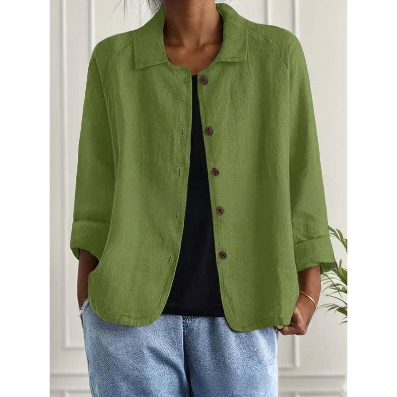 Damen Leichte Leinenoptik-Bluse mit lockerer Passform, 3/4-Ärmeln und Knopfleiste Drune