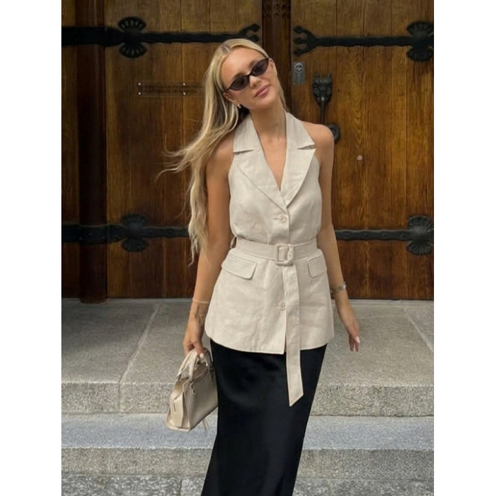 Damen ärmellose Blazer mit Bindegürtel und hoher Taillierung Drune