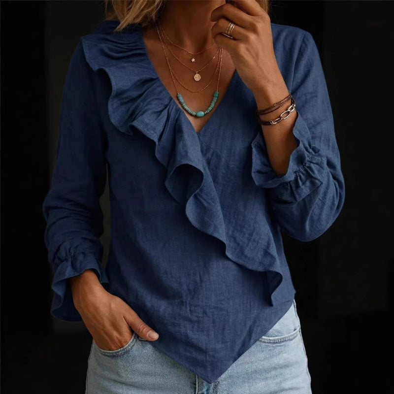 Damen Volant‑Bluse im Leinenlook mit Wickeloptik und asymmetrischem Zipfelsaum Drune