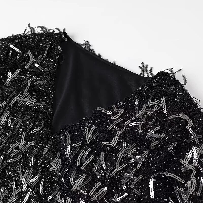 Damen nan glitzerndes Paillettenfransen Kleid mit V‑Ausschnitt, lockerem Boxy‑Schnitt und gefütterter Innenlage Drune