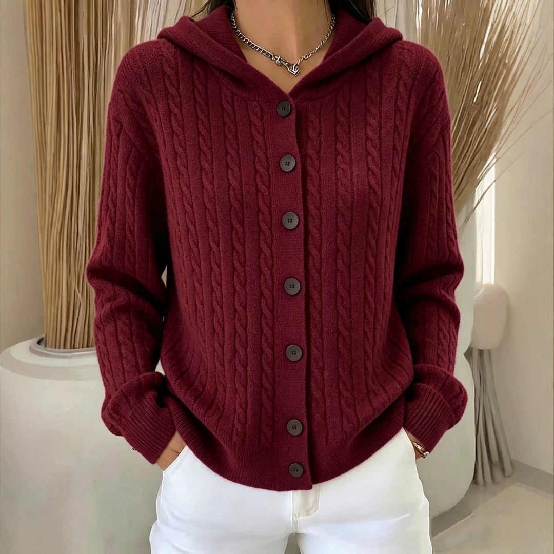 Damen Kapuzen-Cardigan mit Zopfmuster und durchgehender Knopfleiste Drune