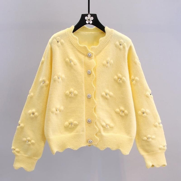 Damen kuschelige Strickjacke mit Blumenapplikationen Drune