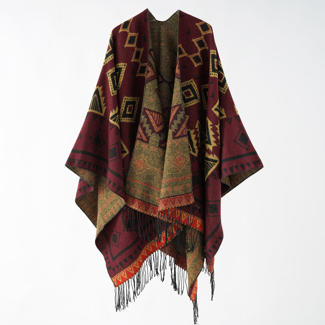 Damen Jacquard‑Wickelruana im Ethno‑Design mit Fransen und offenem Fall Drune