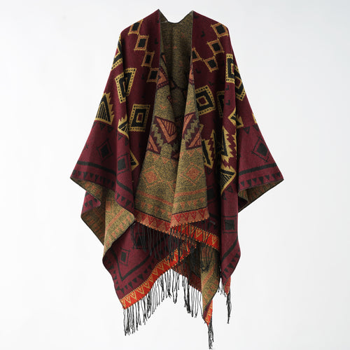 Damen Jacquard‑Wickelruana im Ethno‑Design mit Fransen und offenem Fall Drune