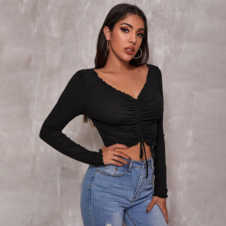 Damen geripptes Cropped-Longsleeve mit Tunnelzugvorderseite, Bindekordeln und gewelltem Saum Drune