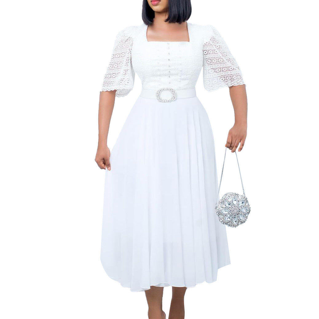 Damen Maxikleid mit dekorativem Spitzenoberteil und Taillengürtel Drune