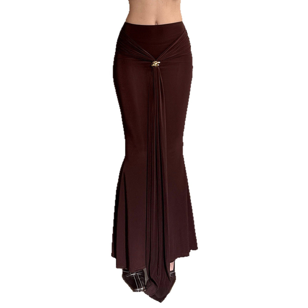 Damen Maxirock mit High‑Waist Wickeldetail, Drapée‑Vorderteil und Metallring Drune