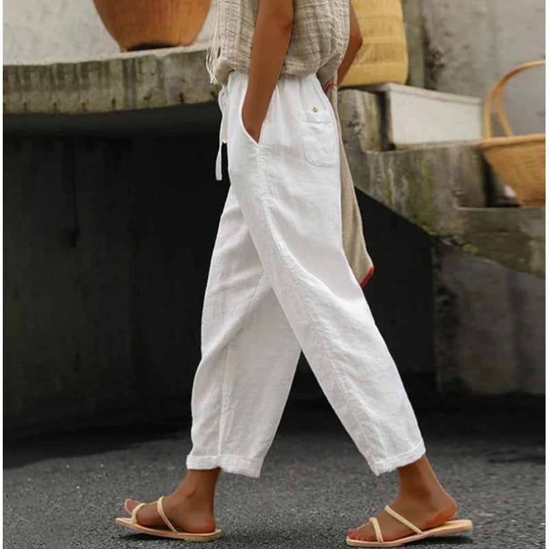 Damen lässige Leinenhose mit elastischem Bund und seitlichen Taschen Drune