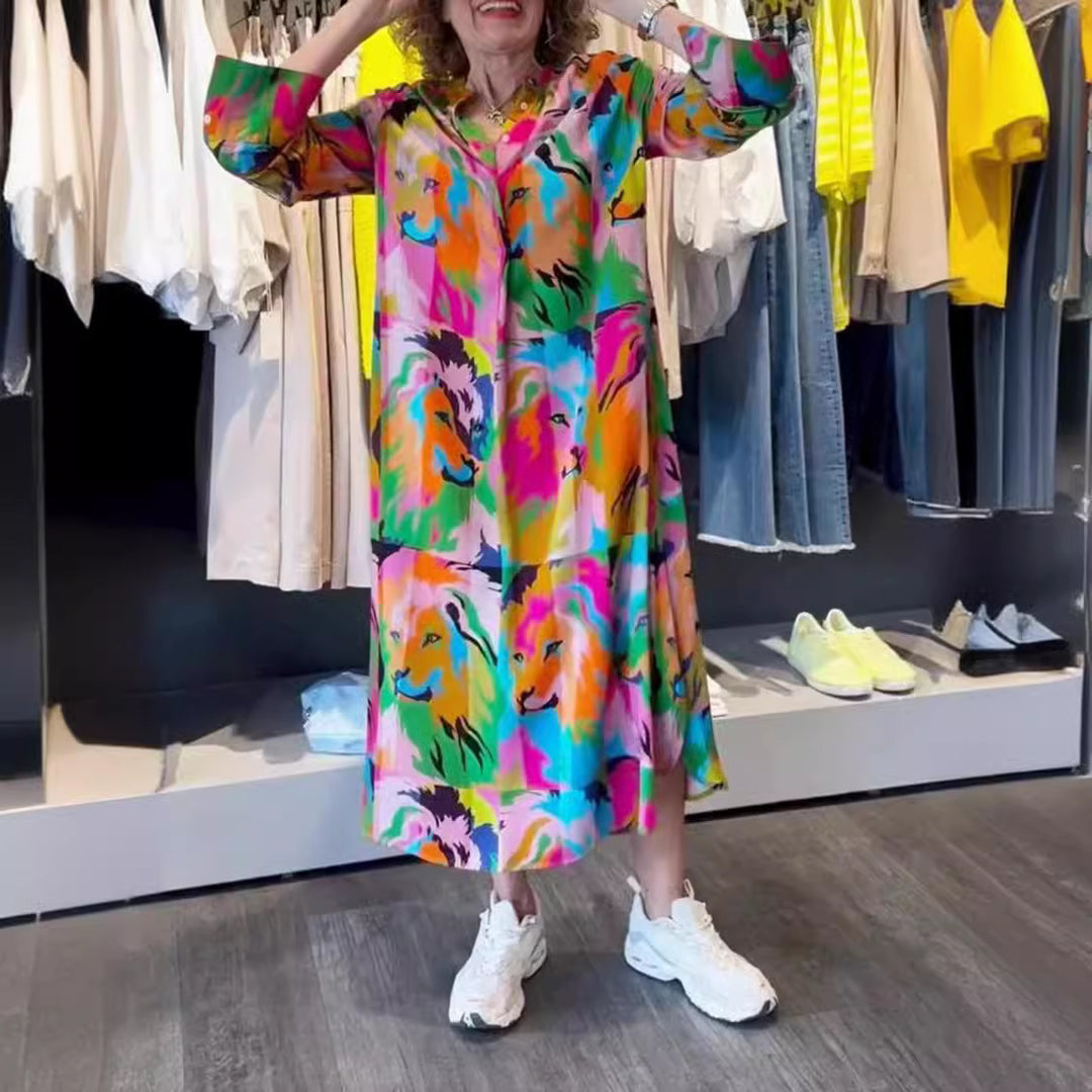 Damen nan Hemdblusen-Maxikleid mit Pop‑Art-Löwenprint, Knopfleiste und Eingrifftaschen Drune