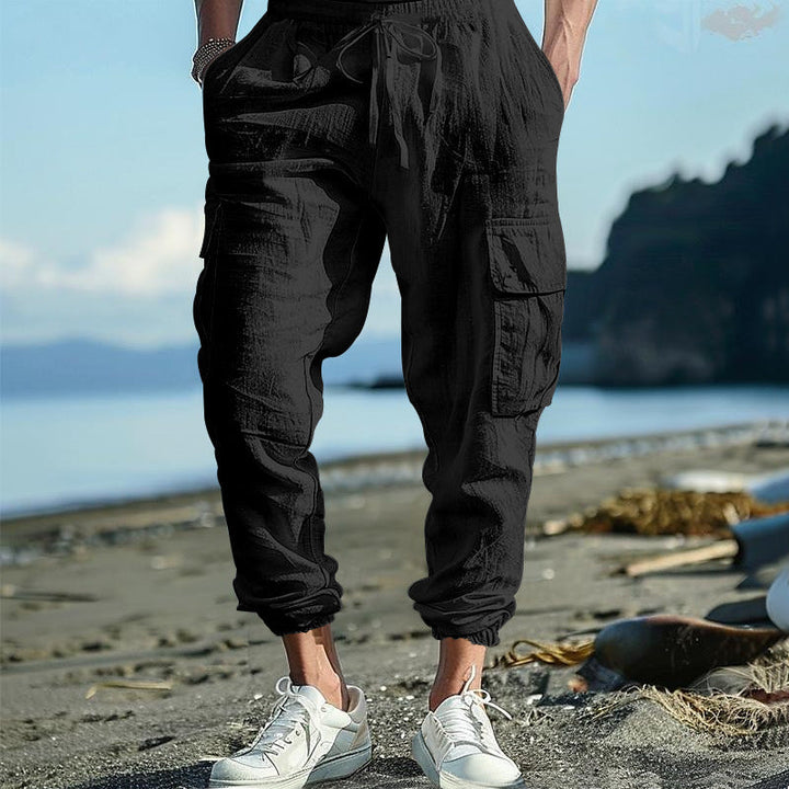 Herren nan lässige Leinen-Cargo-Jogger mit Kordelbund, großen Klapptaschen und elastischem Knöchelabschluss Drune