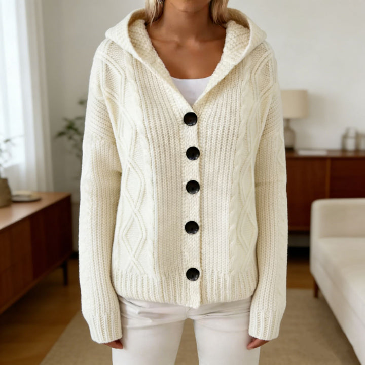 Damen Kapuzen-Cardigan aus grobem Zopfstrick mit Knopfverschluss Drune