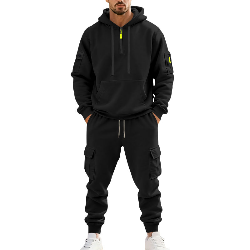 Herren nan zweiteiliges Utility-Freizeitset Hoodie mit halbhohem Reißverschluss, Ärmeltasche und Cargo-Jogginghose mit Klappentaschen Drune