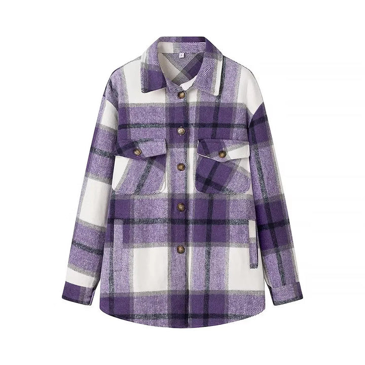 Damen nan kariertes Overshirt im Shacket‑Stil mit aufgesetzten Brusttaschen Drune