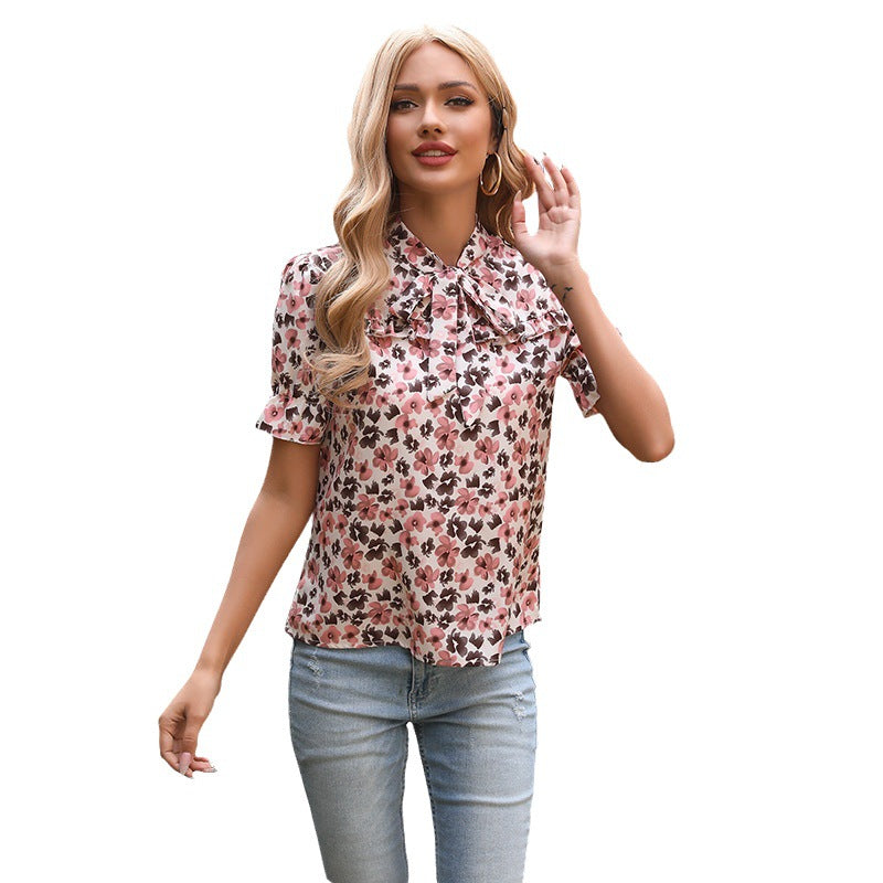 Damen Bluse mit floralem Muster und eleganter Schleifenverzierung Drune