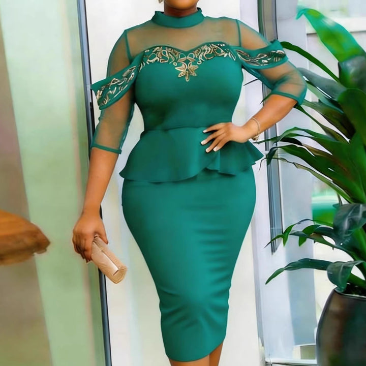 Damen figurbetontes Kleid mit transparenten Ärmeln und raffiniertem Tüllüberwurf Drune