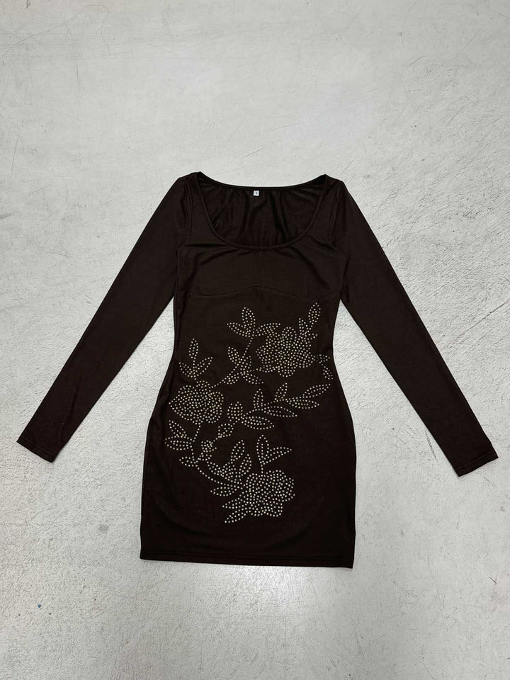 Damen Figurbetontes Minikleid mit langen Ärmeln und floraler Nietenapplikation Drune