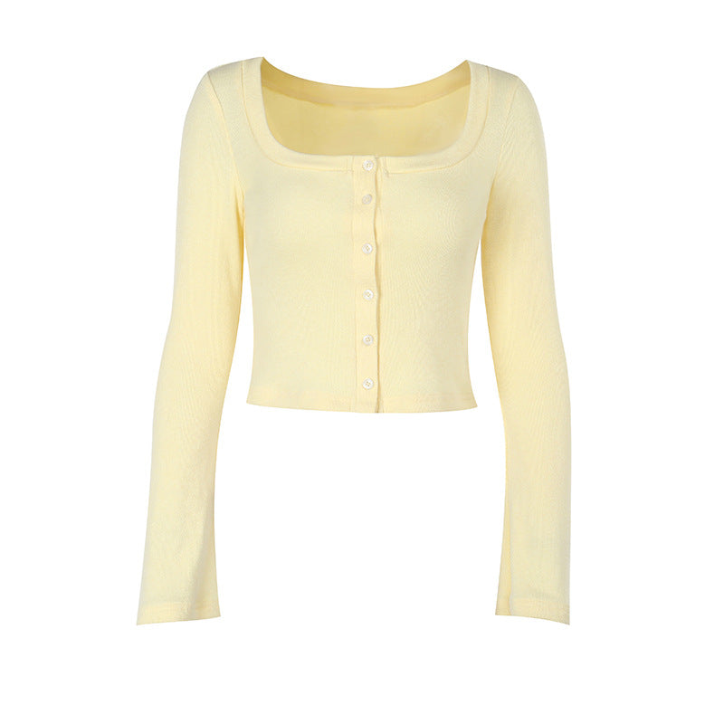 Damen Cropped Langarmshirt mit Knopfleiste und weitem Ausschnitt Drune