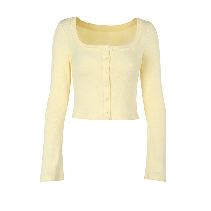 Damen Cropped Langarmshirt mit Knopfleiste und weitem Ausschnitt Drune