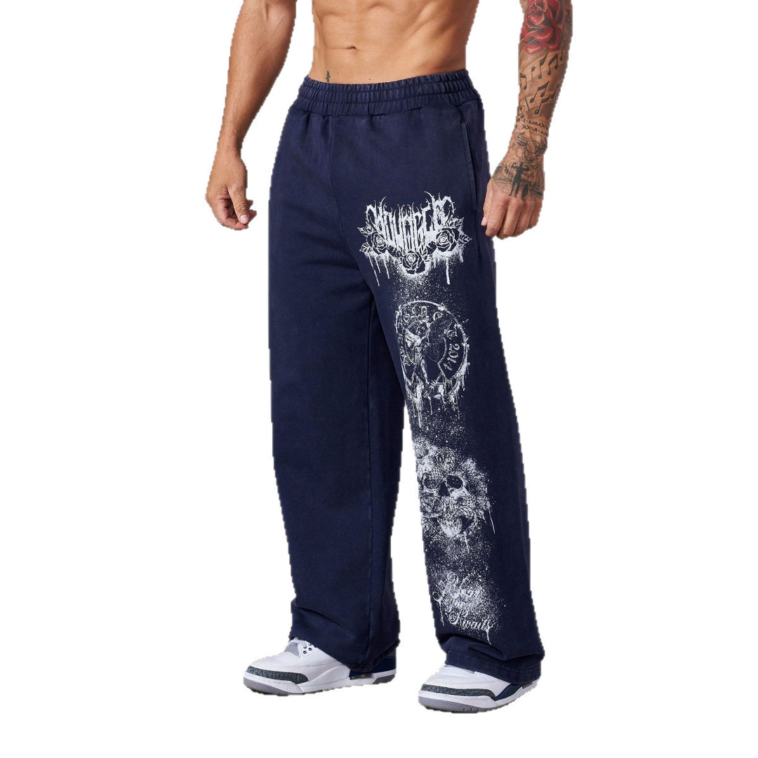 Herren nan weite Jogginghose mit elastischem Bund, Seitentaschen und detailreichem Schädel- und Rosenmotiv Drune