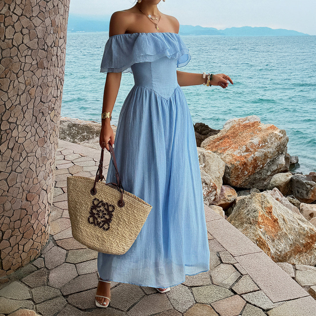 Damen Off-Shoulder Maxikleid mit fließendem Schnitt und Rüschendetails Drune