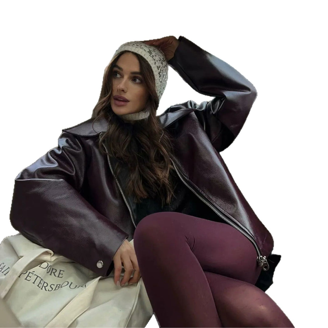 Damen nan kastig geschnittene Kunstlederjacke mit durchgehendem Reißverschluss und elastischem Saum Drune