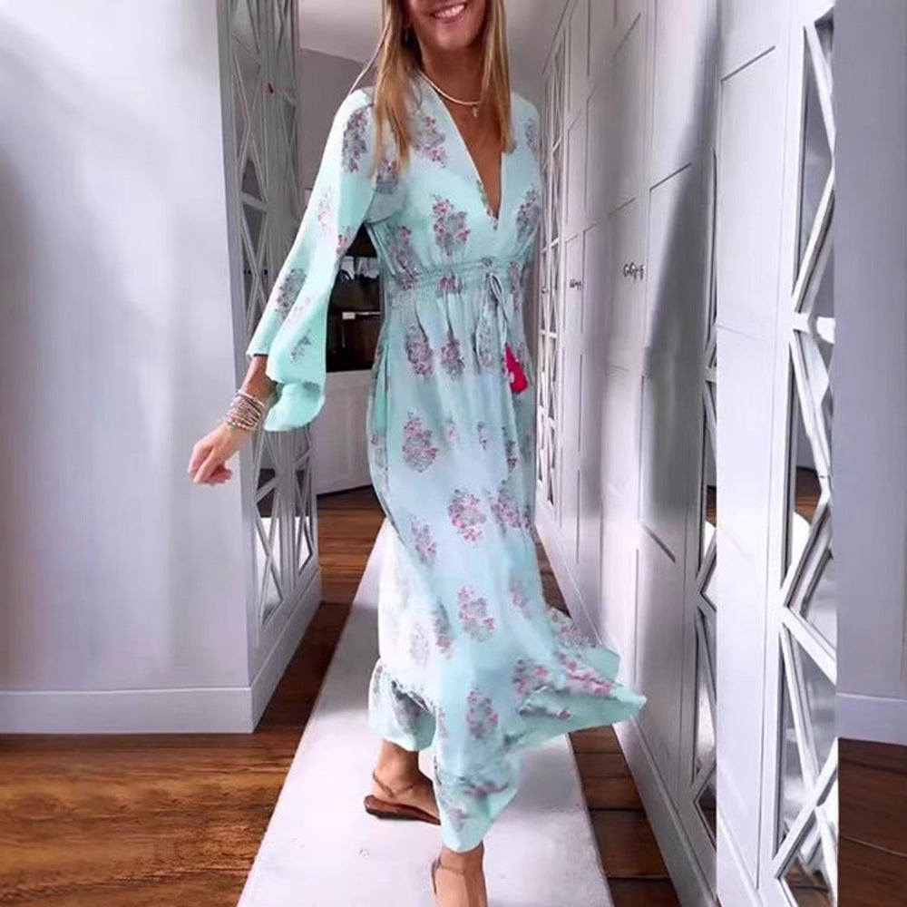 Damen nan luftig-fließendes Boho-Midikleid mit V-Ausschnitt, geraffter Smock-Taille, Kordelzug mit Quasten und asymmetrischem Volant-Saum Drune