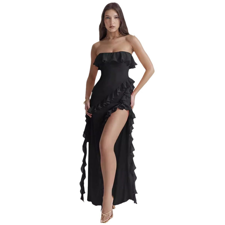 Damen Off-Shoulder Maxikleid mit Rüschen und Schlitz Drune