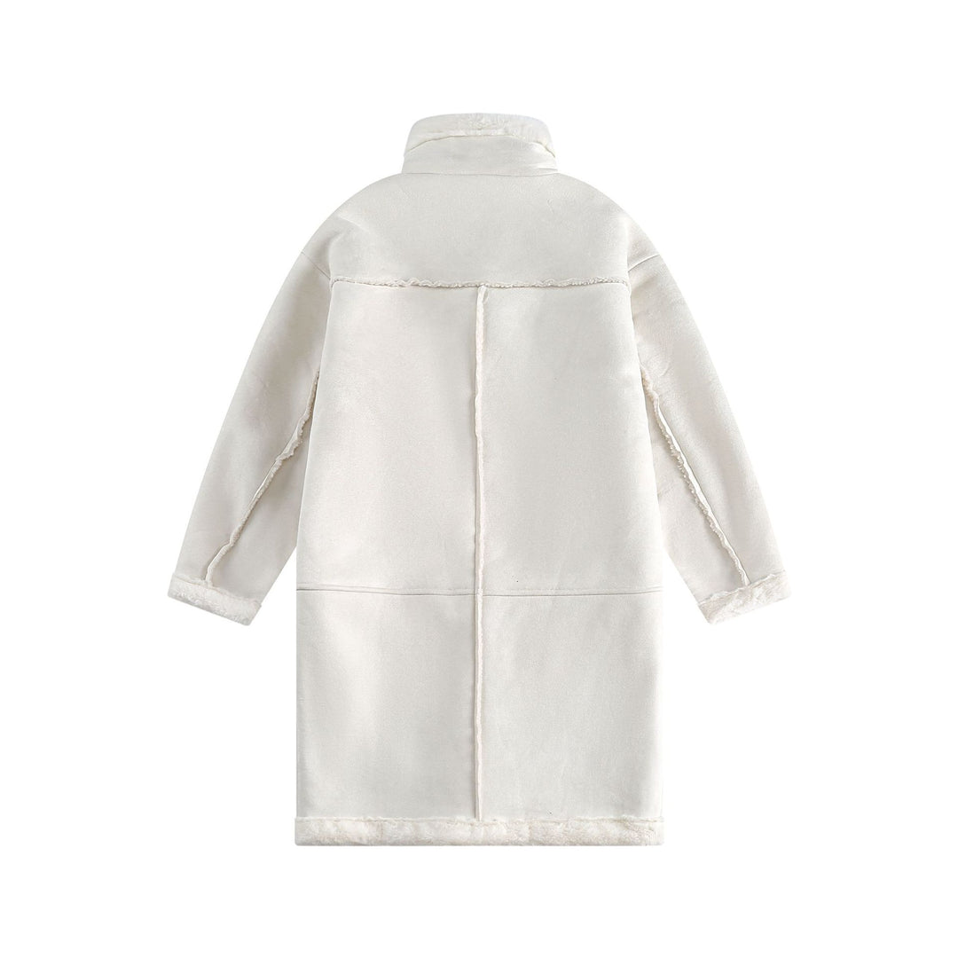 Damen Langer Oversize Lammfell‑Imitat Mantel mit Stehkragen und Schnallenverschluss Drune