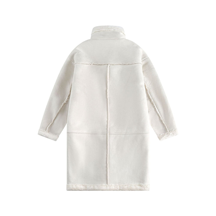 Damen Langer Oversize Lammfell‑Imitat Mantel mit Stehkragen und Schnallenverschluss Drune