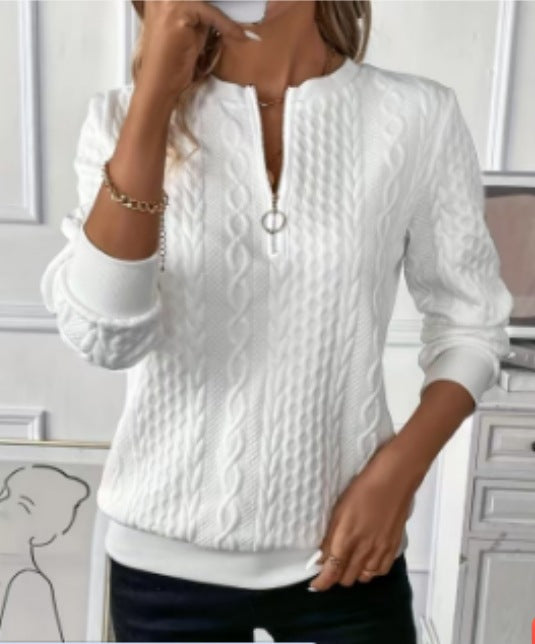Damen Strukturierte Zopfmuster Sweatshirt mit Halbreißverschluss und Rippbündchen Drune