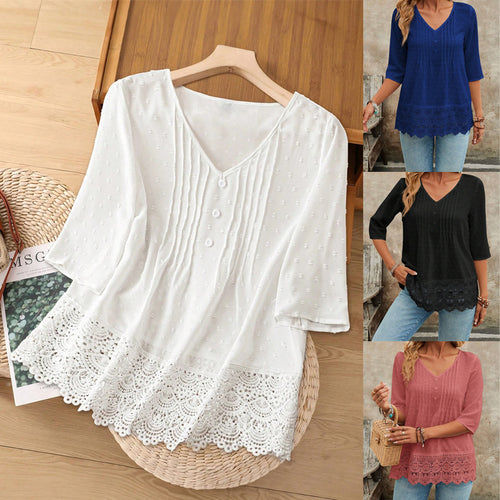 Damen Tunika Bluse mit Spitzenbesatz und strukturierten Pintucks Drune